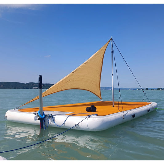 BalatonFloat 4x2 Meter - Fürdőplattform, úszóstég és úszósziget napvitorlával és TEMO 450 elektromotorral.